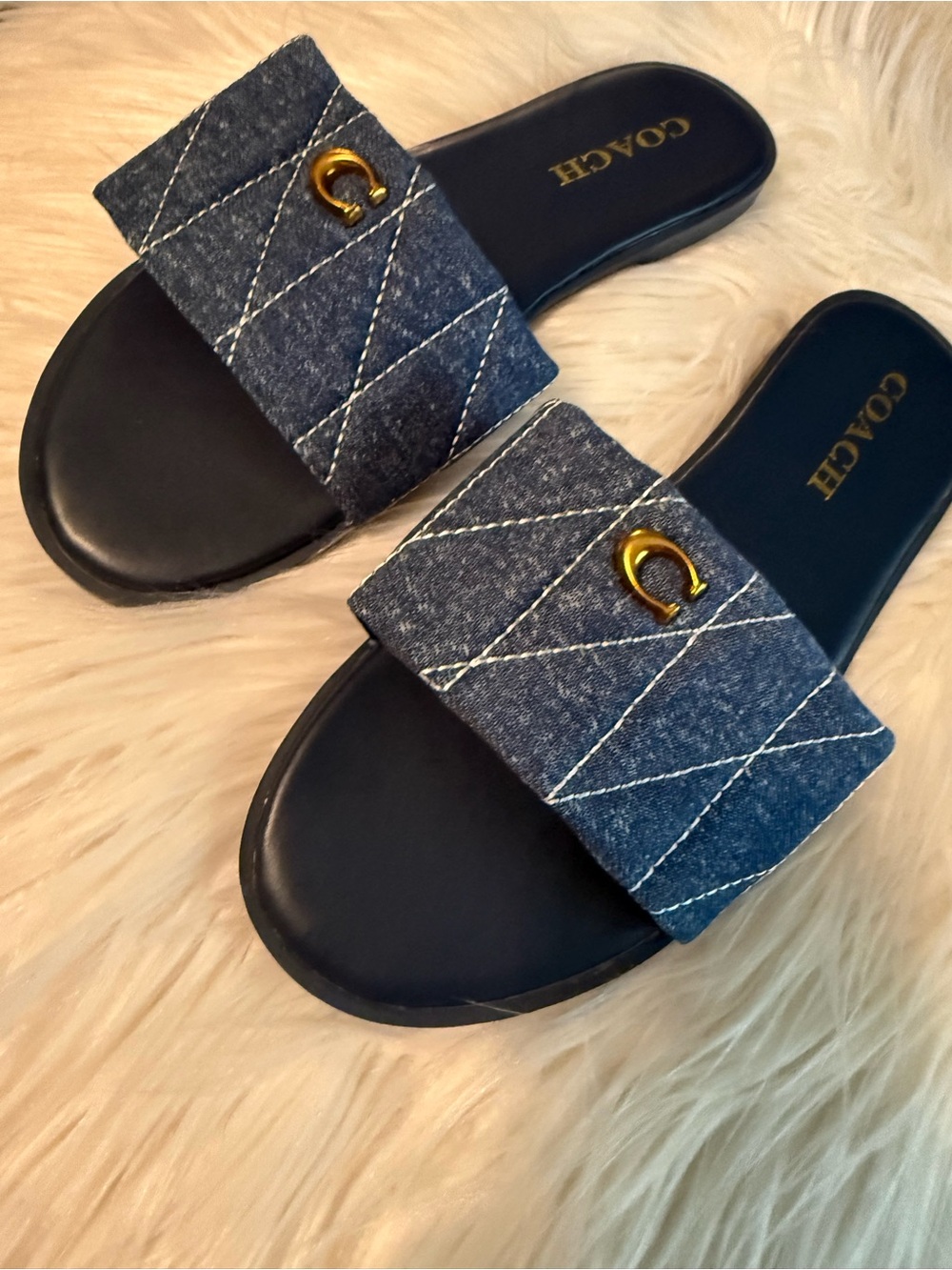 Women’s Navy Quilted Denim Slide Sandals